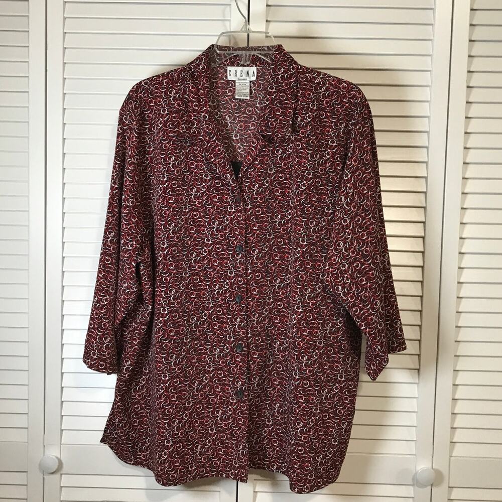 ERENA Vintage Red Geometric Collared ¾ Sleeve Blouse 20W